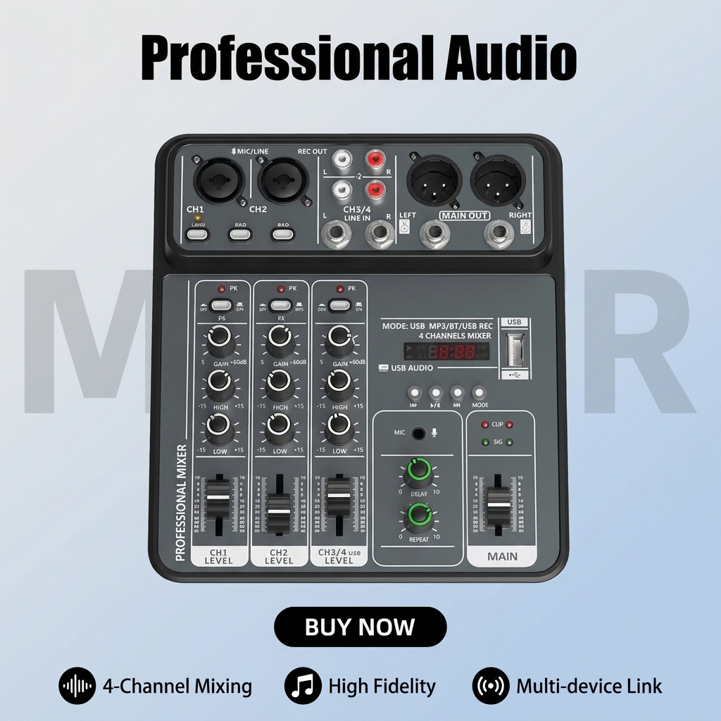 Audio Music Dj - 4 Kanallı Profesyonel Ses Mikseri, 48V